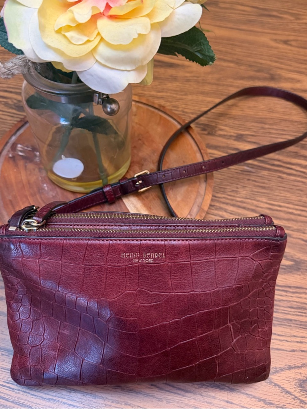 henri bendel burgundy croc-embossed leather crossbody